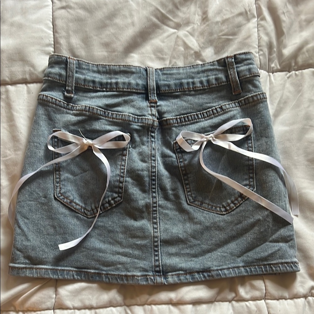 Denim Mini Skirt with White Ribbon Accents